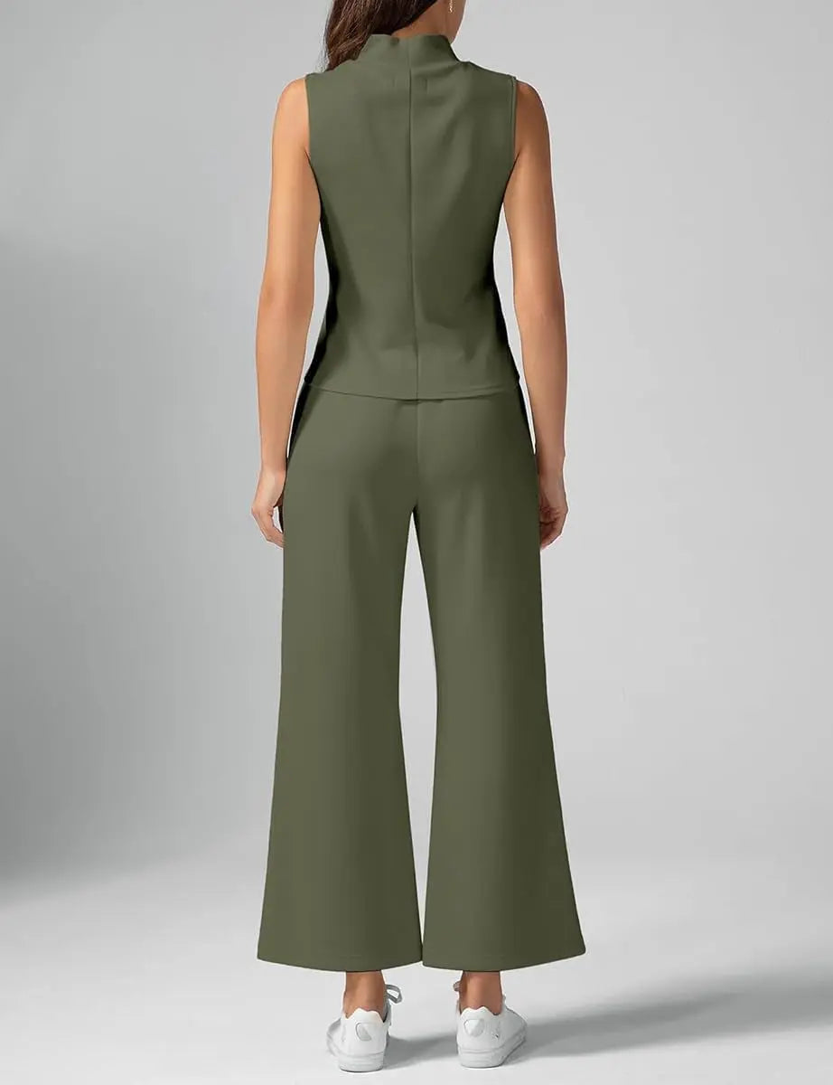 Luxe Summer Co-Ord Set β Mock Neck Tank & High-Waisted Wide Leg Lounge Pants