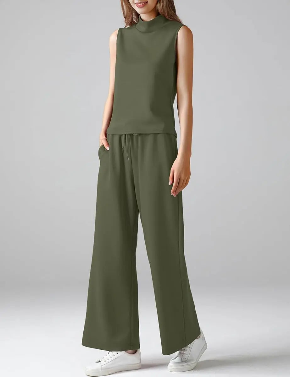 Luxe Summer Co-Ord Set β Mock Neck Tank & High-Waisted Wide Leg Lounge Pants