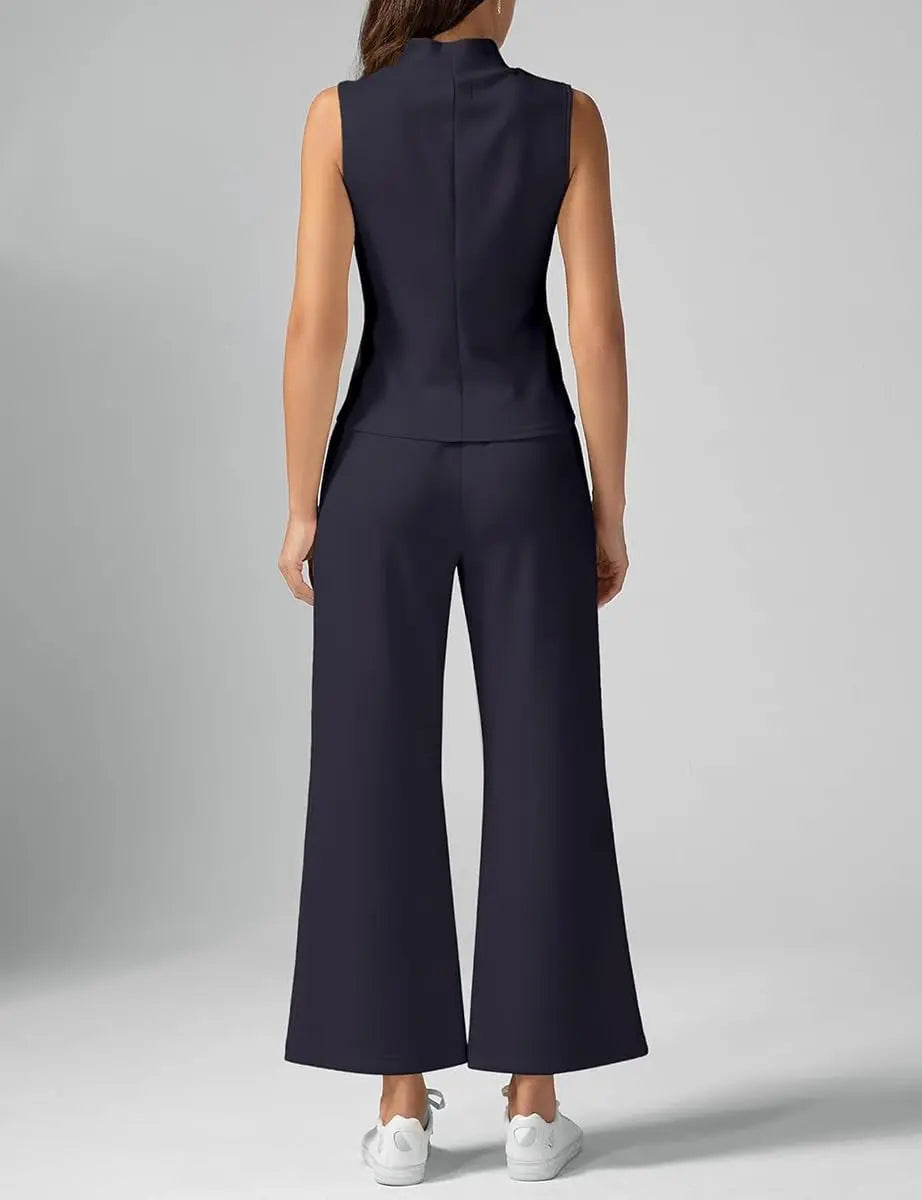 Women’s Effortless 2PC Set – Cropped Tank Top & Relaxed Fit Wide Leg Lounge Pants