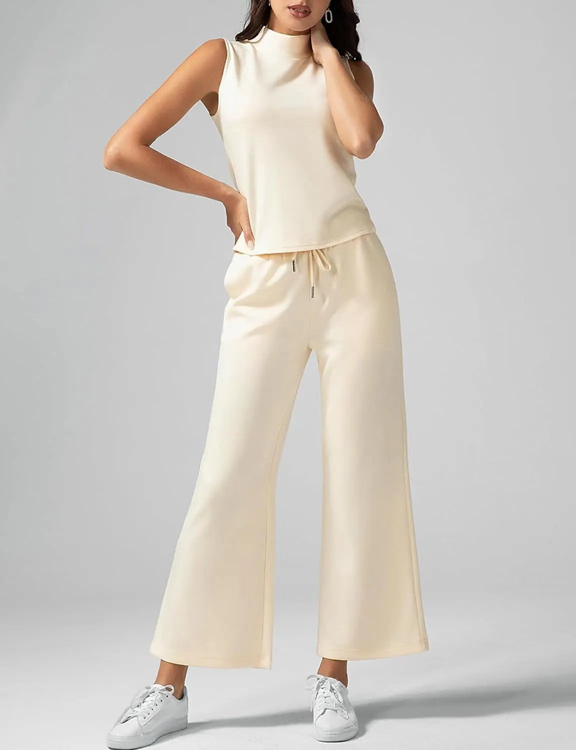 Comfy & Cool Women’s Summer Outfit – Mock Neck Top + High Waist Lounge Pants Co-Ord Set