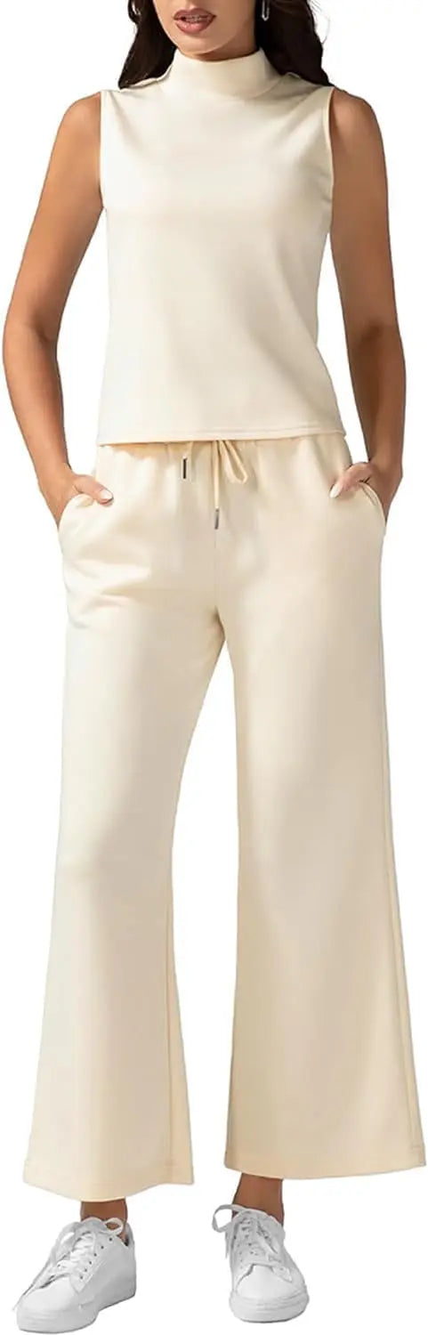 Comfy & Cool Women’s Summer Outfit – Mock Neck Top + High Waist Lounge Pants Co-Ord Set