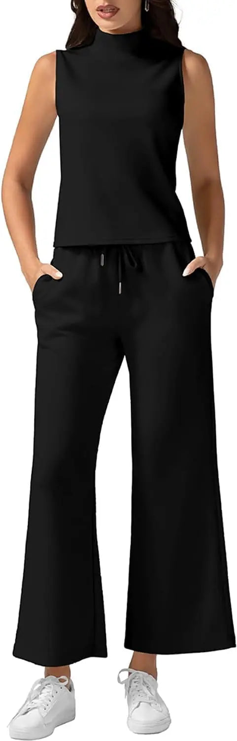 Women’s Matching Lounge Set – Sleeveless Crop Top & Wide Leg Pants 2 Piece Summer Outfit with Pockets