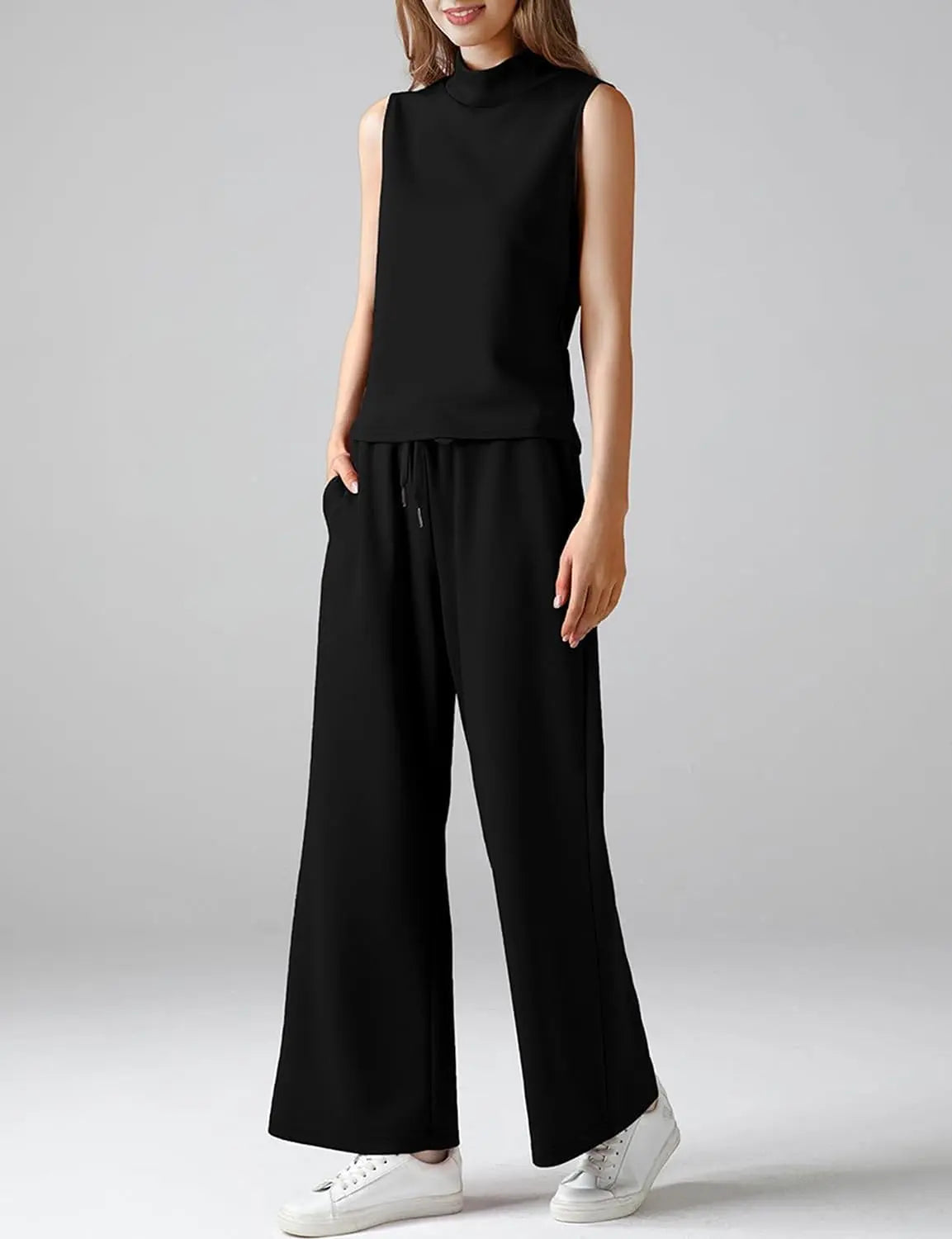 Women’s Matching Lounge Set – Sleeveless Crop Top & Wide Leg Pants 2 Piece Summer Outfit with Pockets