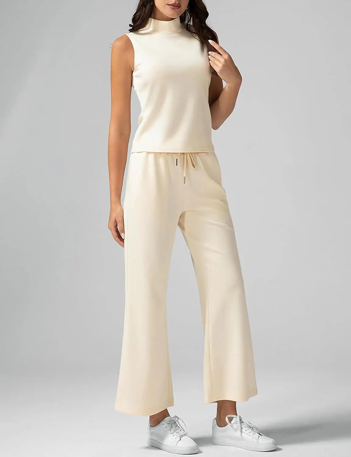 Comfy & Cool Women’s Summer Outfit – Mock Neck Top + High Waist Lounge Pants Co-Ord Set