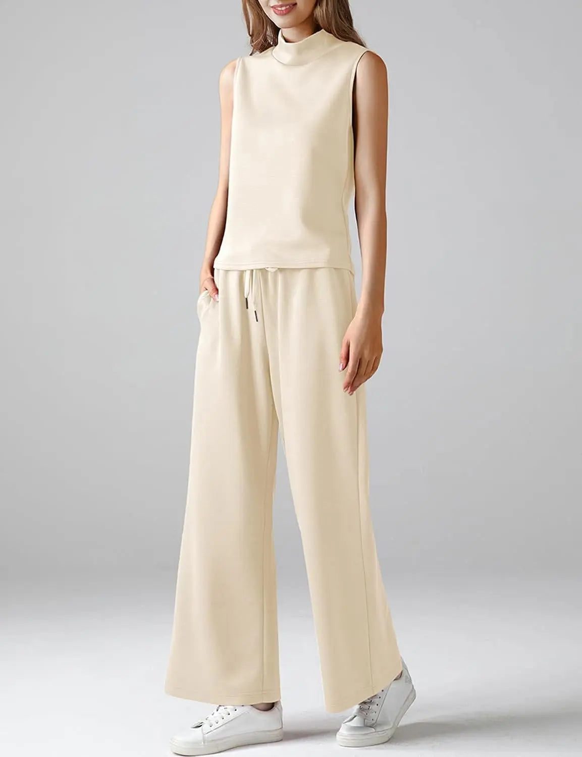 Comfy & Cool Women’s Summer Outfit – Mock Neck Top + High Waist Lounge Pants Co-Ord Set