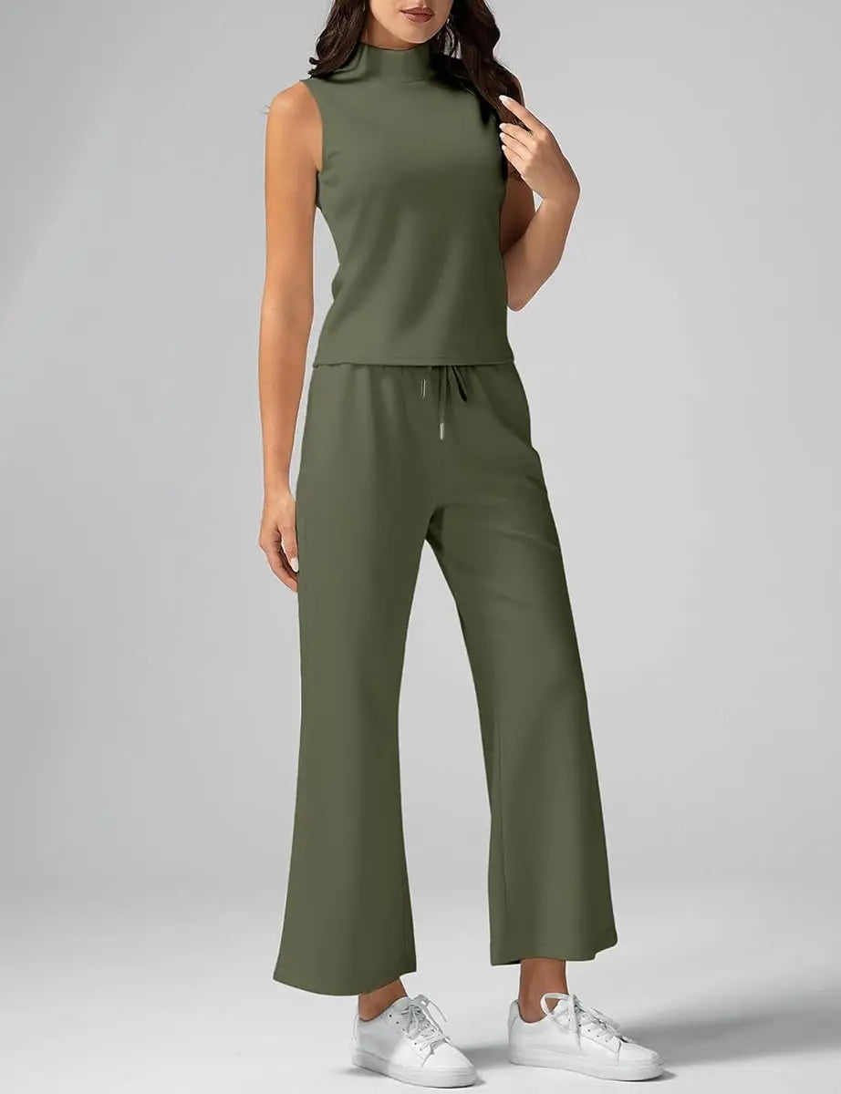 Luxe Summer Co-Ord Set β Mock Neck Tank & High-Waisted Wide Leg Lounge Pants