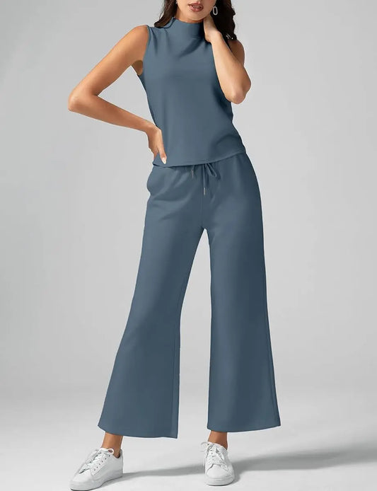 Chic Summer Lounge Set – Mock Neck Sleeveless Top & Flowy Cropped Pants
