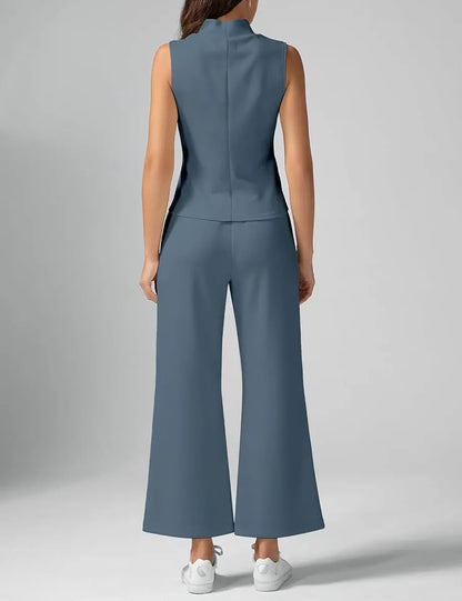 Minimalist Matching Set – Women’s Sleeveless Crop Tank & Relaxed Fit Wide Leg Pants