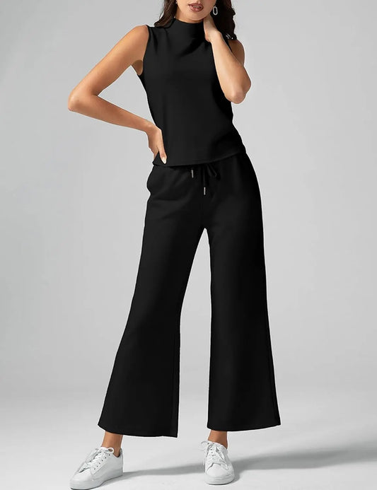 Women’s Matching Lounge Set – Sleeveless Crop Top & Wide Leg Pants 2 Piece Summer Outfit with Pockets