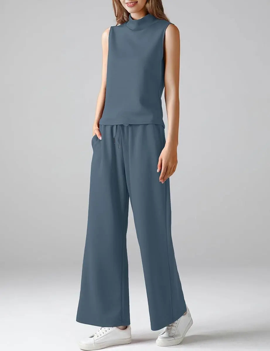 Minimalist Matching Set – Women’s Sleeveless Crop Tank & Relaxed Fit Wide Leg Pants