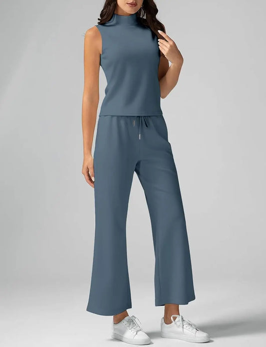 Minimalist Matching Set – Women’s Sleeveless Crop Tank & Relaxed Fit Wide Leg Pants