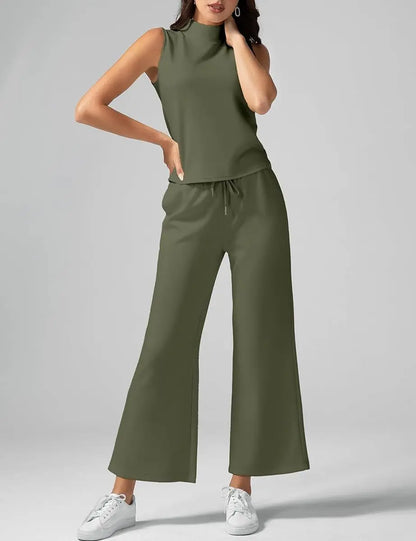 Luxe Summer Co-Ord Set – Mock Neck Tank & High-Waisted Wide Leg Lounge Pants