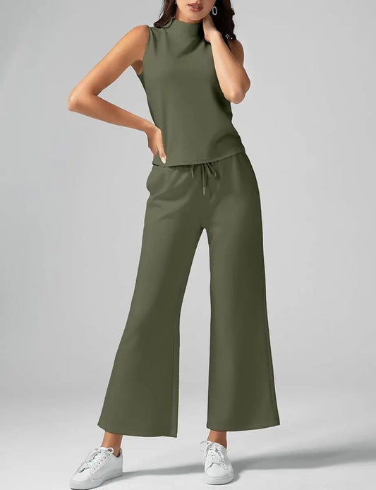 Luxe Summer Co-Ord Set – Mock Neck Tank & High-Waisted Wide Leg Lounge Pants
