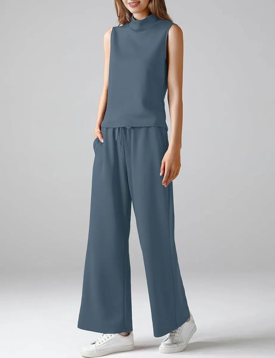Minimalist Co-Ord Set for Women – Cropped Tank & Wide Leg Pants with Pocket Detail