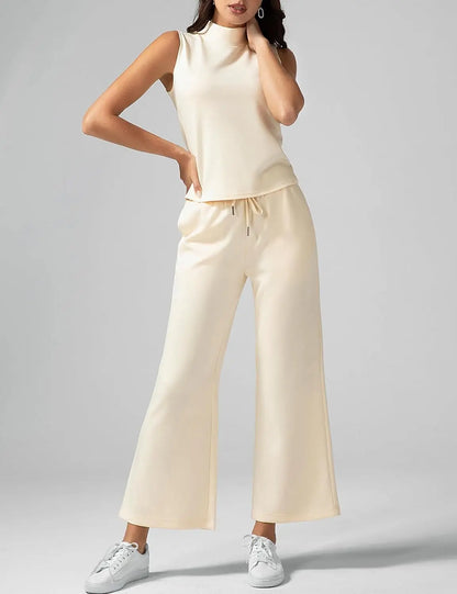 Trendy Matching Set for Women – 2PC Sleeveless Crop Top & Wide Leg Pants with Pockets