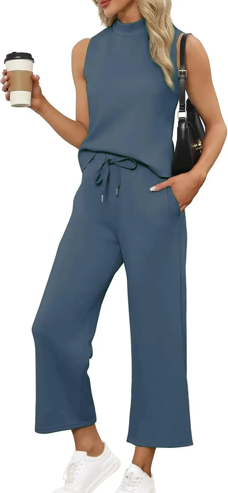 Minimalist Co-Ord Set for Women – Cropped Tank & Wide Leg Pants with Pocket Detail